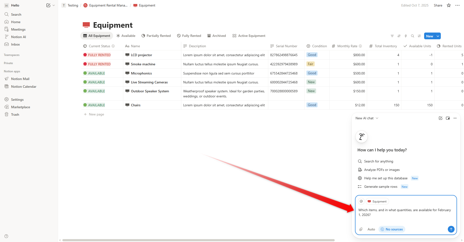 Notion AI query example - asking about available equipment